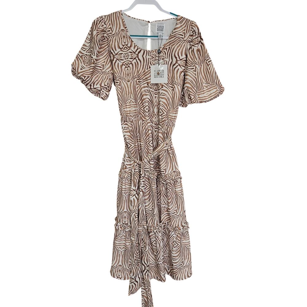Badgley Mischka Zebra Print Puff Sleeve Midi Dress Large Nwt